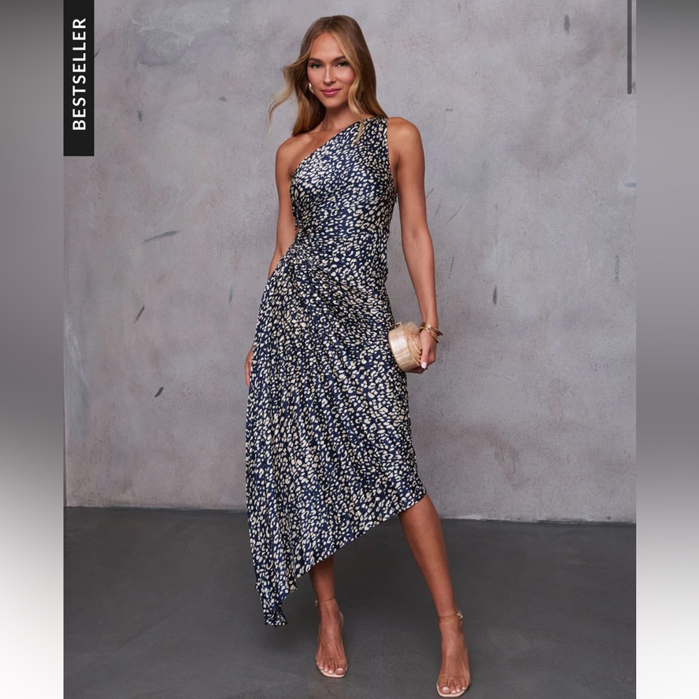 Vici Navy and Tan Asymmetrical Wrap Midi Dress